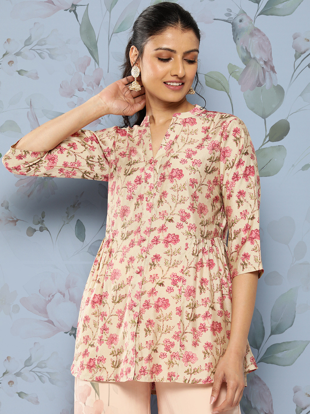 

Libas Floral Printed Pleated Kurti, Beige