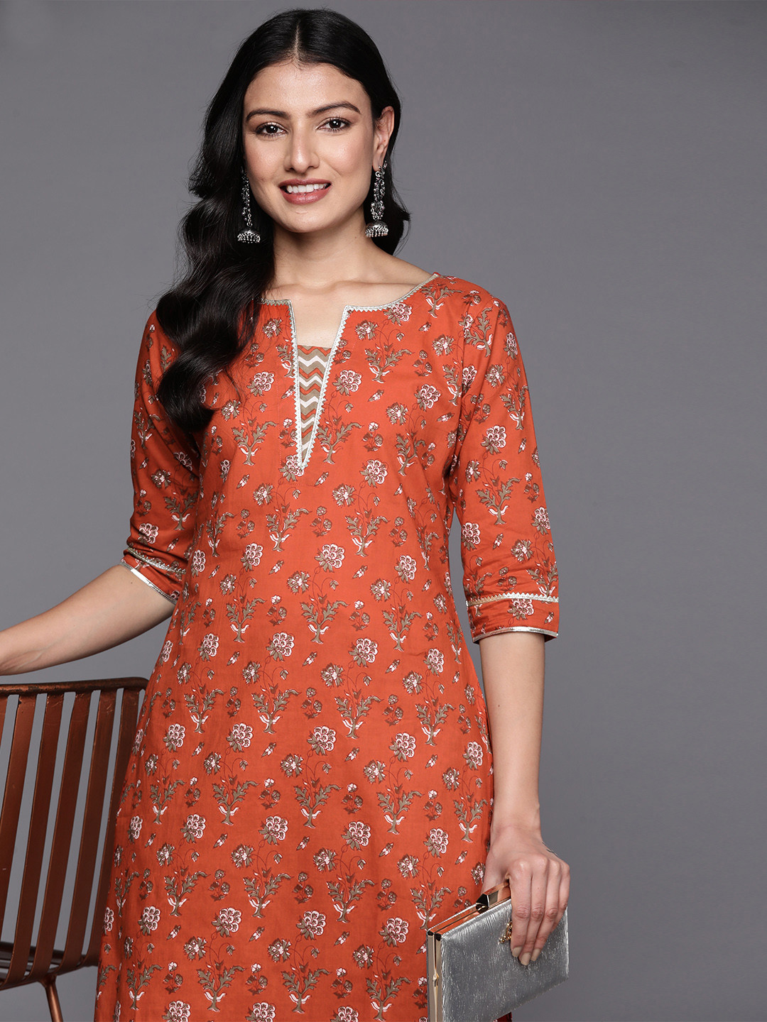 

Libas Women Floral Printed Gotta Patti Pure Cotton Kurta with Trousers, Orange