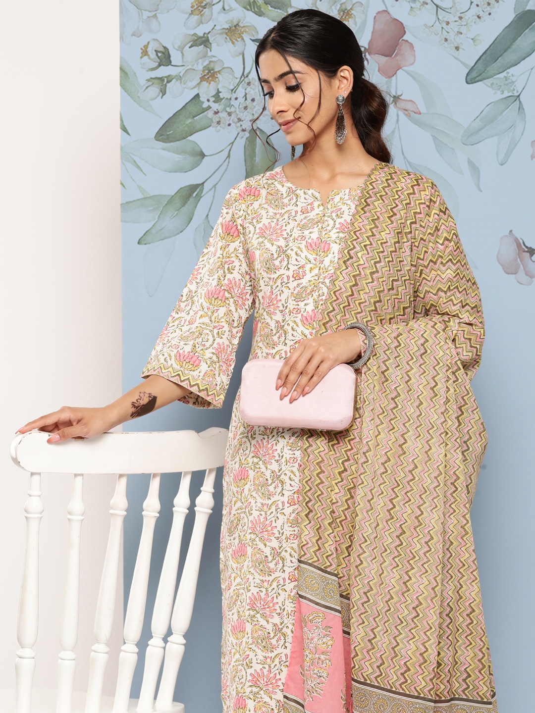 

Libas Women Floral Printed Pure Cotton Kurta with Trousers & Dupatta, Off white
