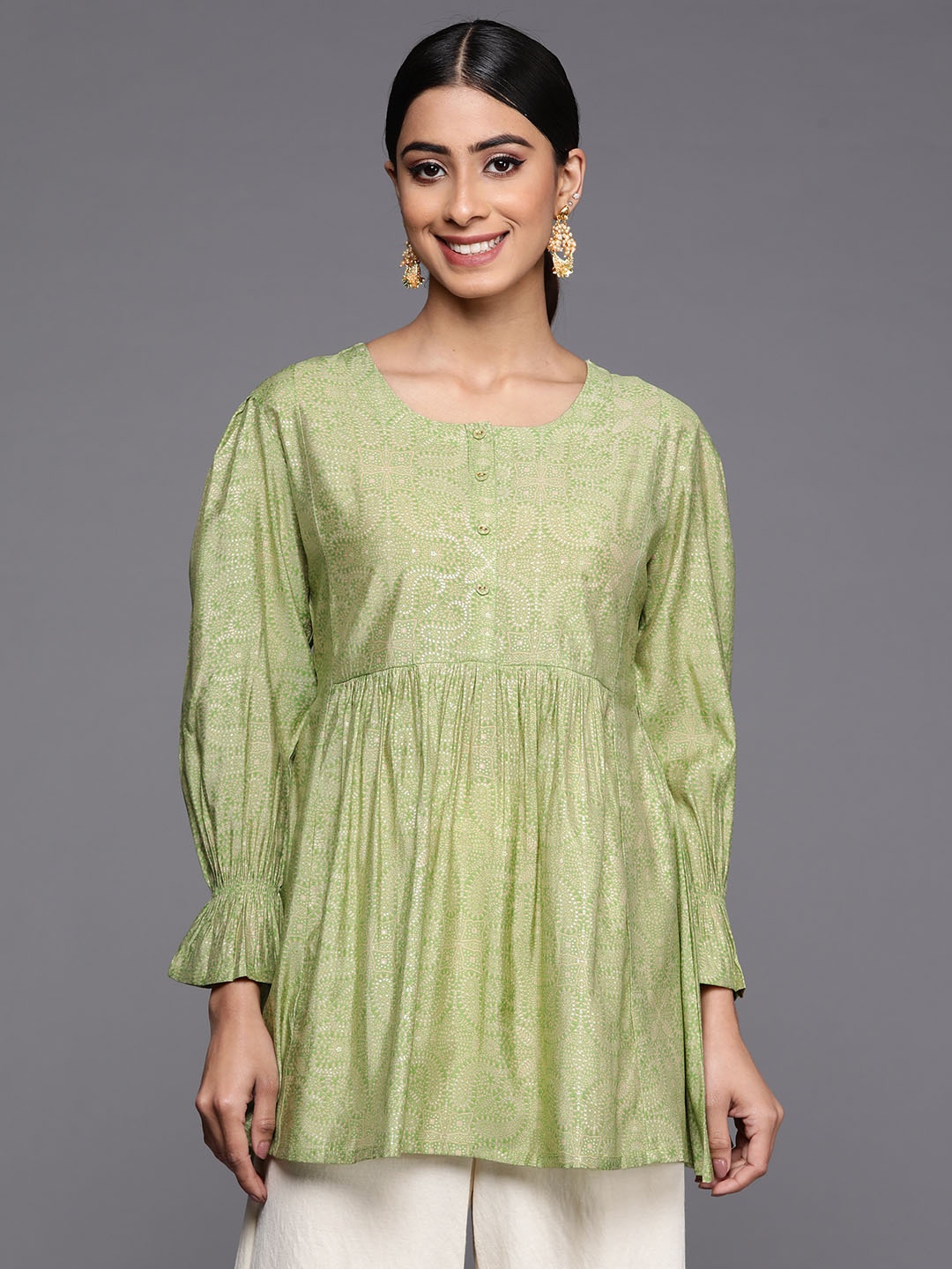 

Libas Paisley Printed Bell Sleeves Pleated Kurti, Green
