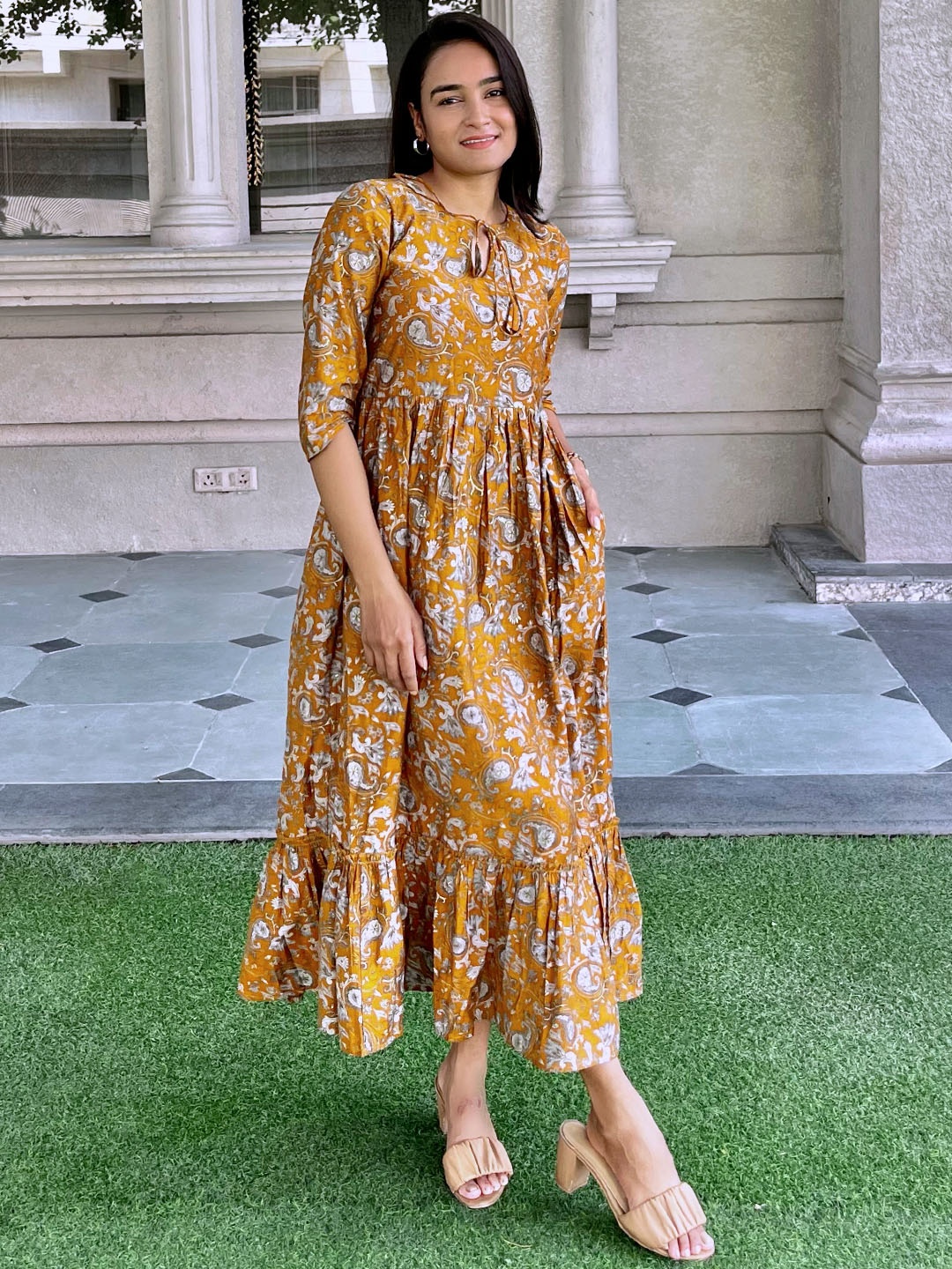 

Libas Floral Tie-Up Neck Midi Ethnic Dress, Mustard