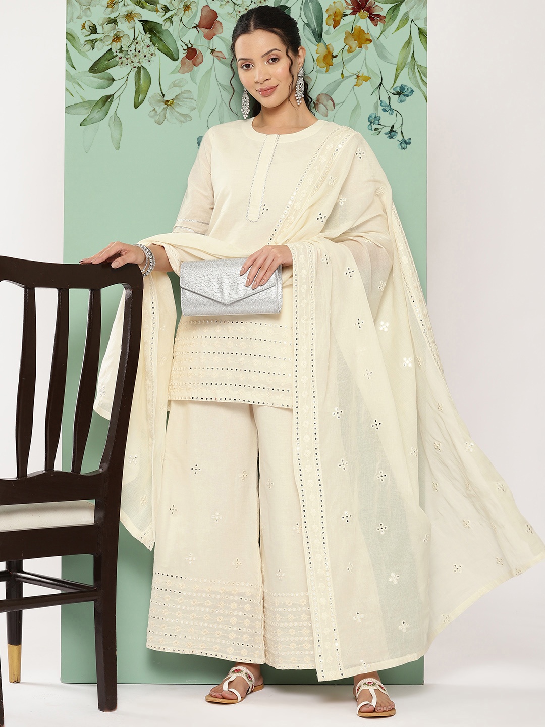 

Libas Women Embroidered Thread Work Pure Cotton Kurti with Palazzos & Dupatta, Off white