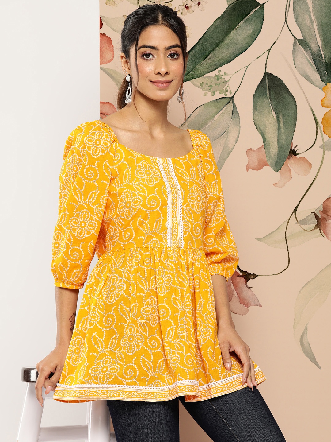 

Libas Mustard Bandhani Printed Square Neck Puff Sleeves Pure Cotton Empire Kurti