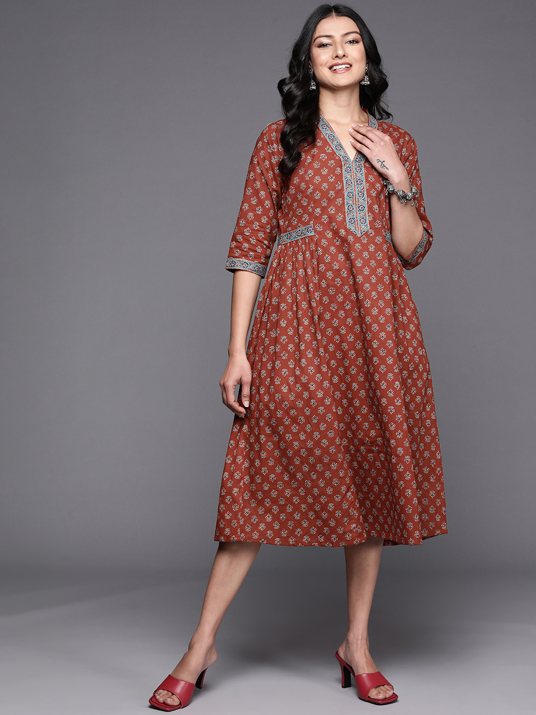 

Libas Floral Print A-Line Cotton Midi Ethnic Dress, Rust