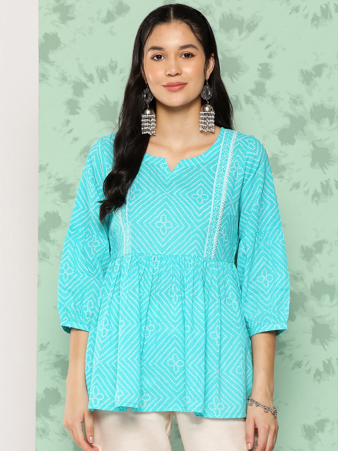 

Libas Bandhani Printed Puff Sleeves Pure Cotton Empire Kurti, Turquoise blue