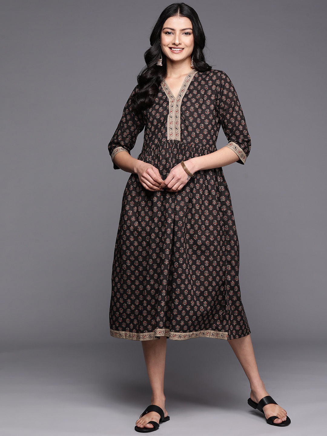 

Libas Ethnic Motifs A-Line Cotton Midi Ethnic Dress, Black