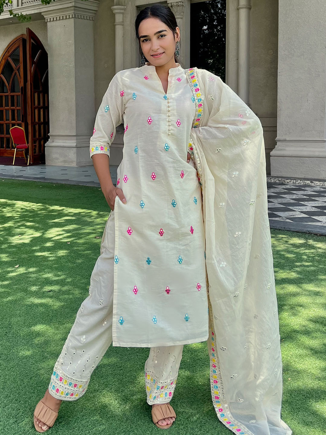 

Libas Women Floral Embroidered Mirror Work Pure Cotton Kurta With Trousers & Dupatta, Off white