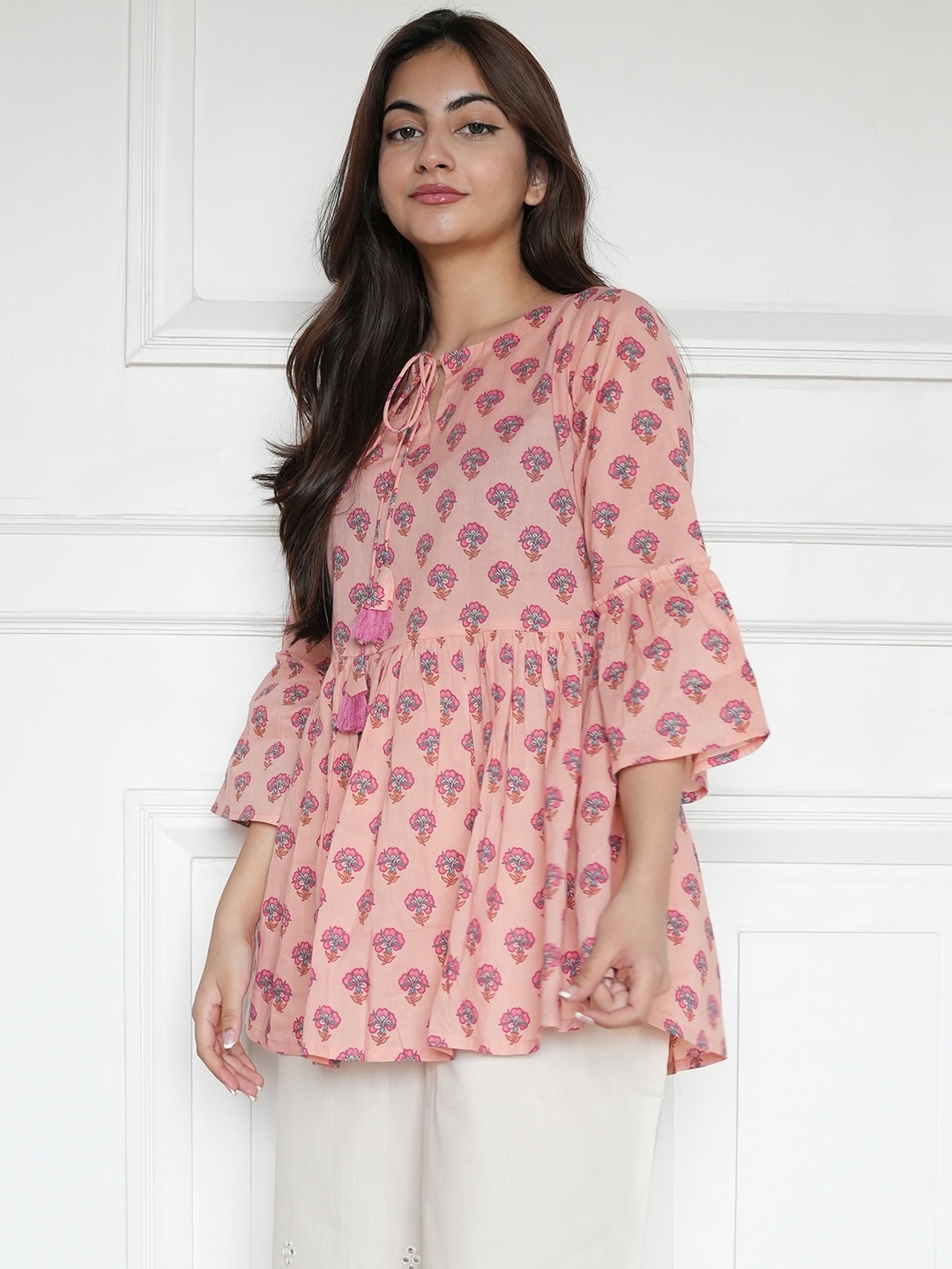 

Libas Floral Printed Pure Cotton Empire Kurti, Peach