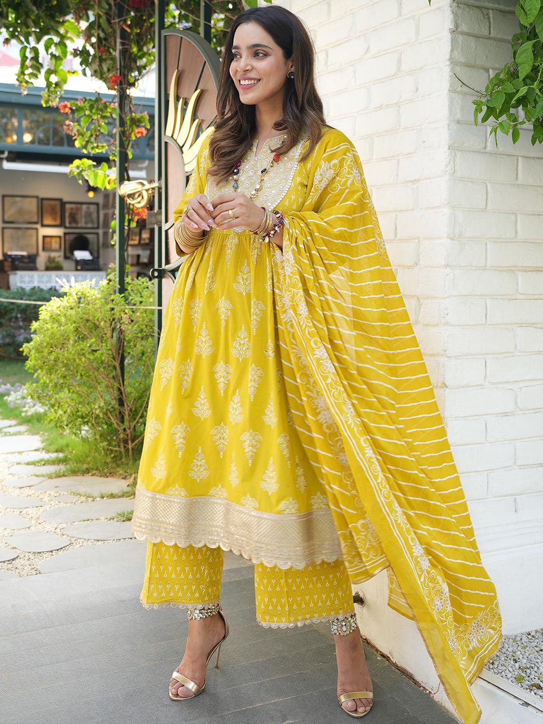 

Libas Women Floral Yoke Design High Slit Pure Cotton Kurta with Palazzos & With Dupatta, Mustard