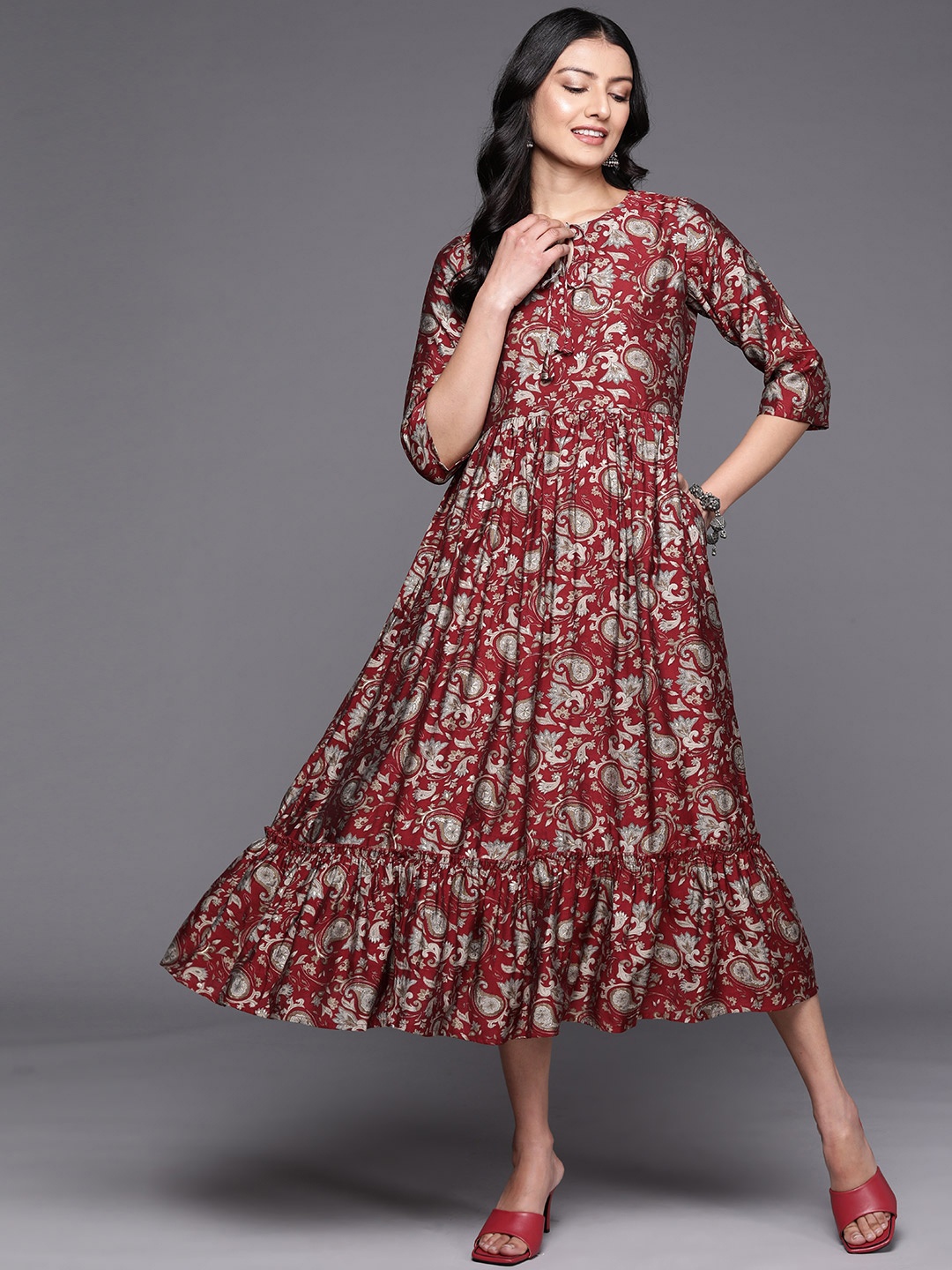 

Libas Floral Tie-Up Neck Midi Ethnic Dress, Maroon