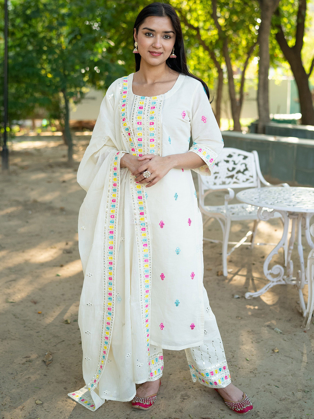 

Libas Women Embroidered Mirror Work Pure Cotton Kurta With Trousers & With Dupatta, Off white