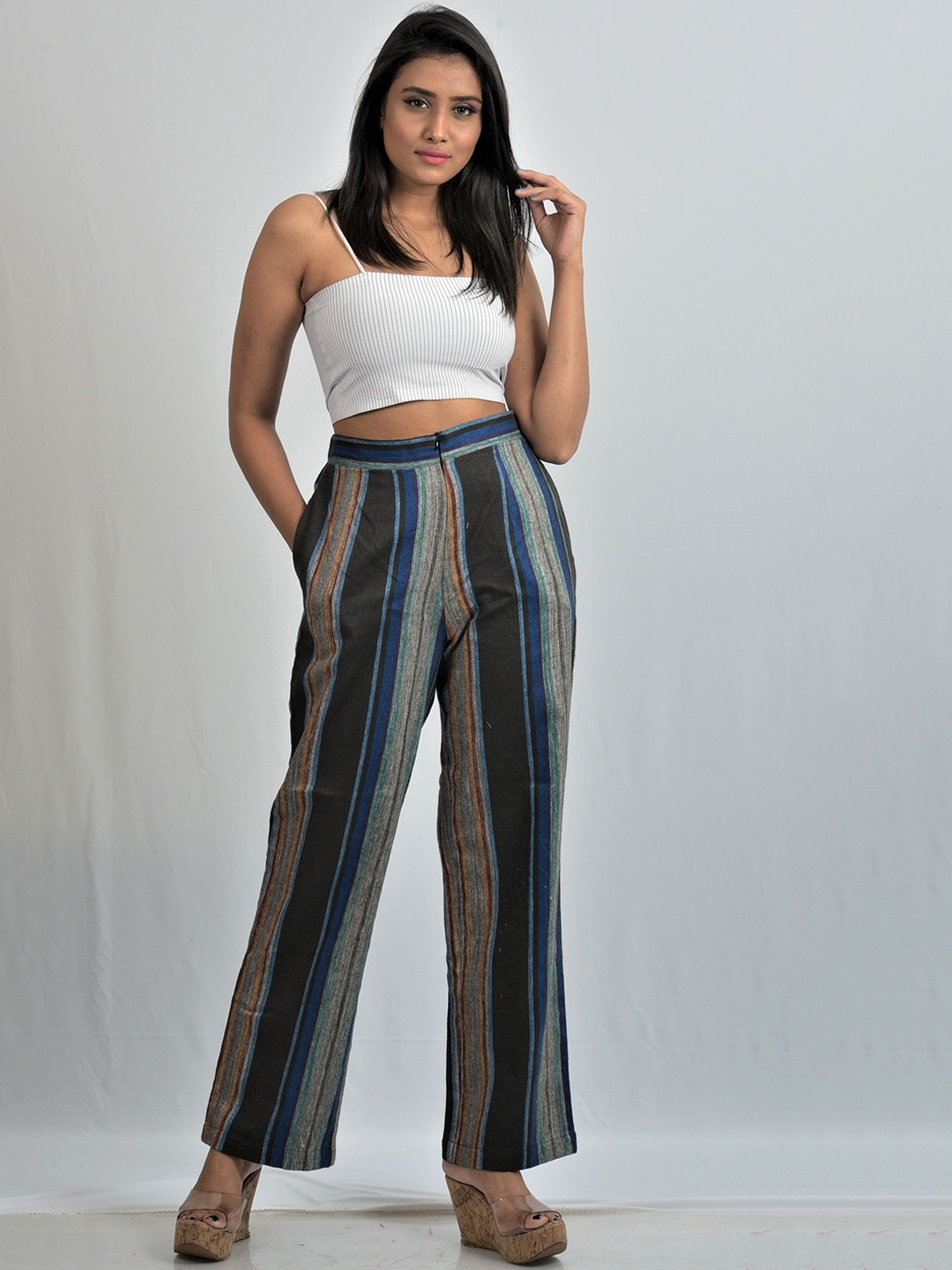 

OWO THE LABEL Women Striped Relaxed Cotton Trousers, Multi