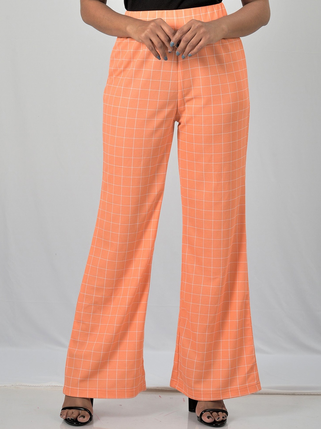 

OWO THE LABEL Women Checked Flared High-Rise Trousers, Orange