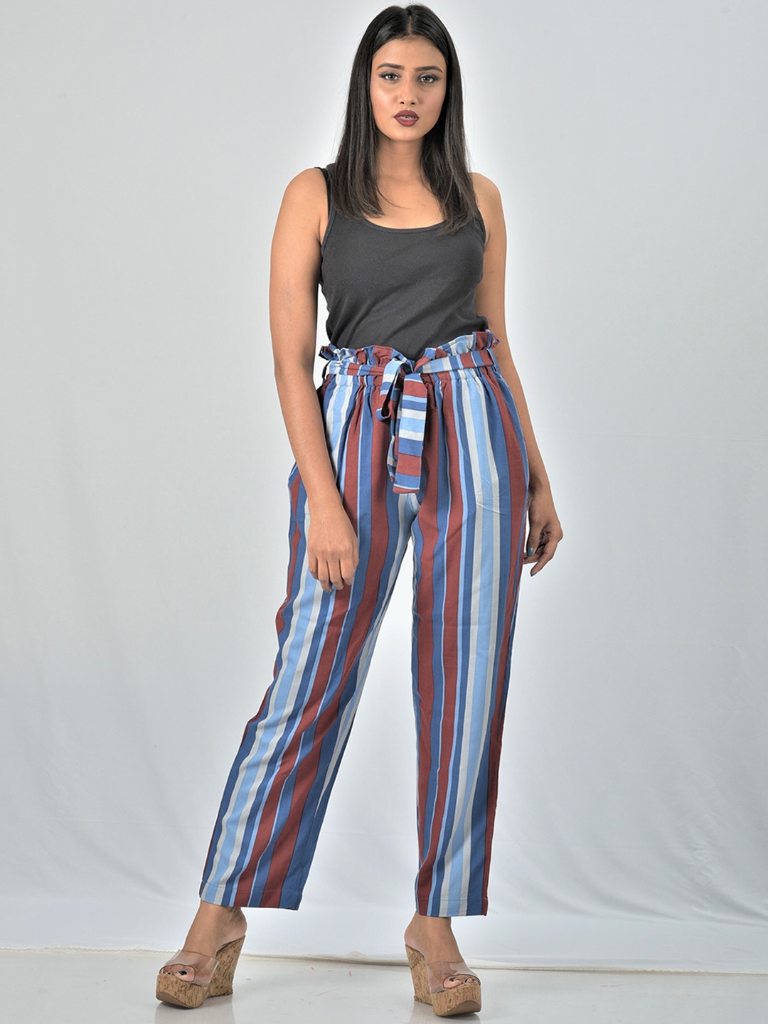 

OWO THE LABEL Women Striped Relaxed Cotton Trousers, Blue