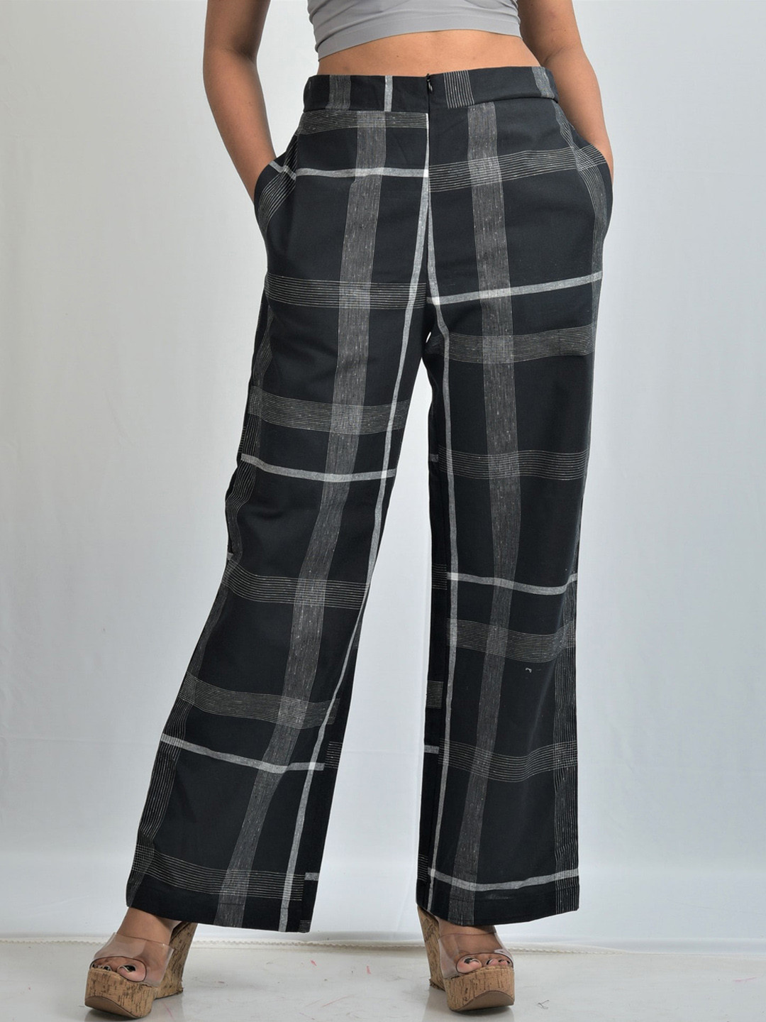 

OWO THE LABEL Women Checked Flared High-Rise Cotton Trousers, Black