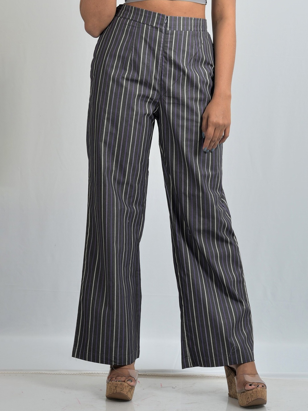 

OWO THE LABEL Women Striped Relaxed Cotton Trousers, Grey
