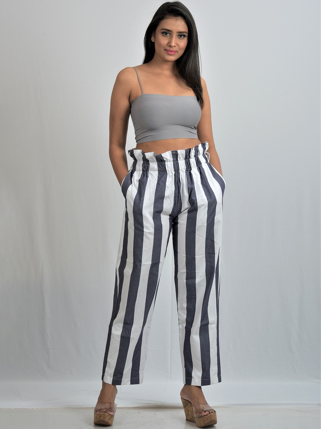 

OWO THE LABEL Women Striped Relaxed Cotton Trousers, Black