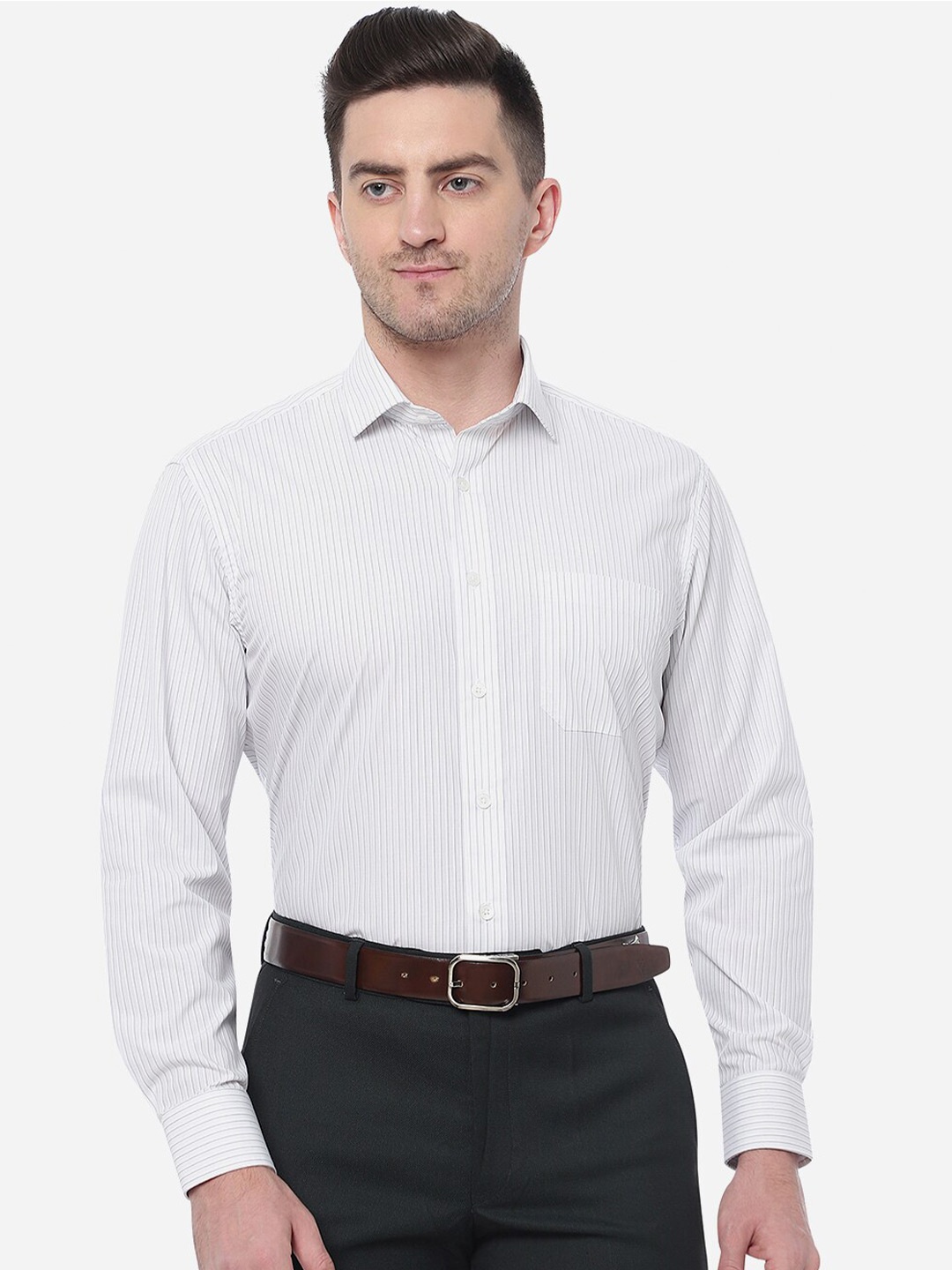 

JADE BLUE Men Striped Cotton Formal Shirt, White