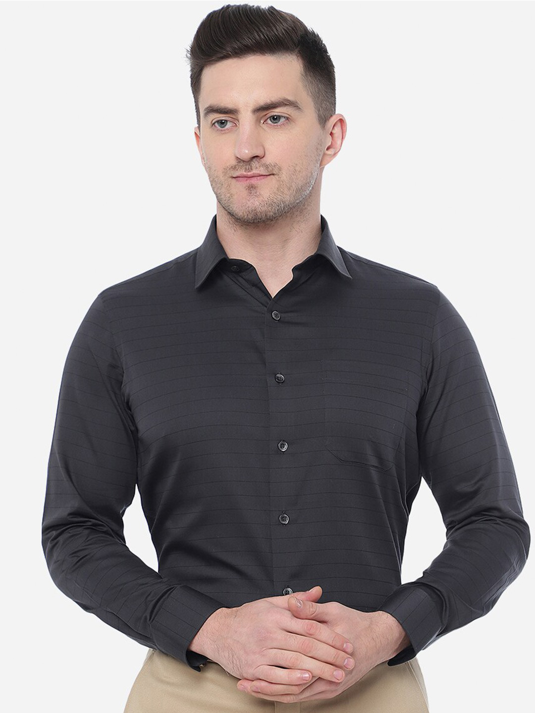

JADE BLUE Men Slim Fit Horizontal Stripes Cotton Formal Shirt, Grey