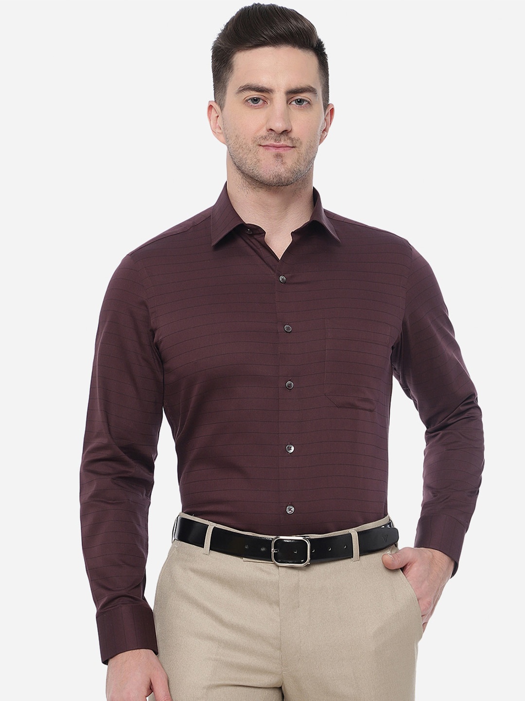 

JADE BLUE Men Slim Fit Horizontal Stripes Cotton Formal Shirt, Brown