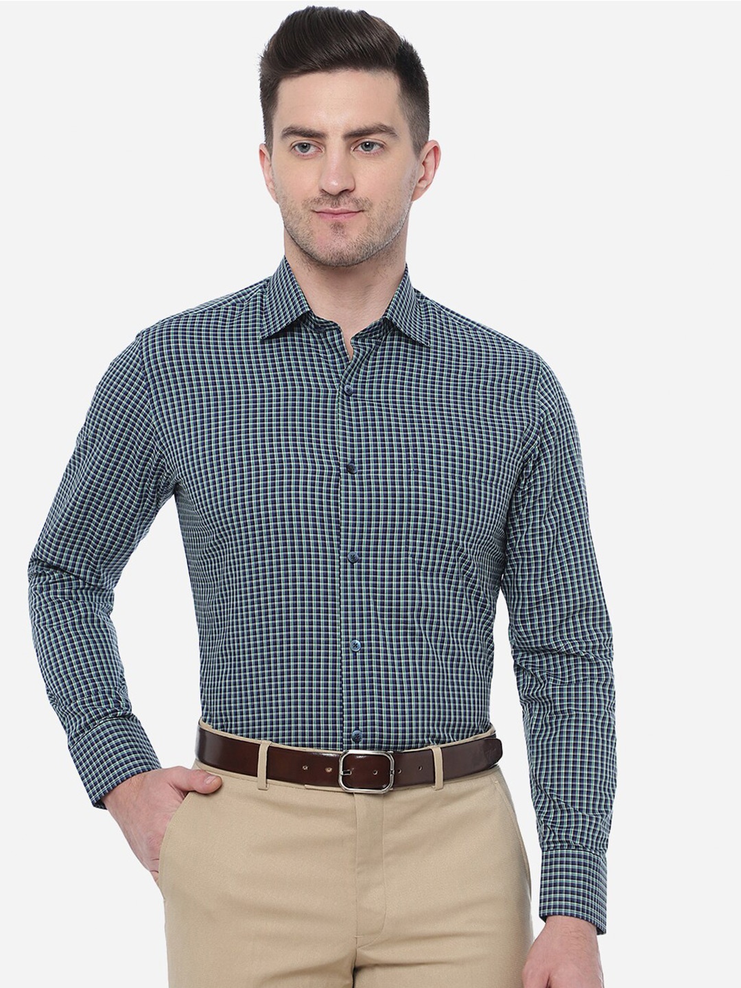 

METAL Men Cotton Slim Fit Micro Checks Checked Formal Shirt, Blue