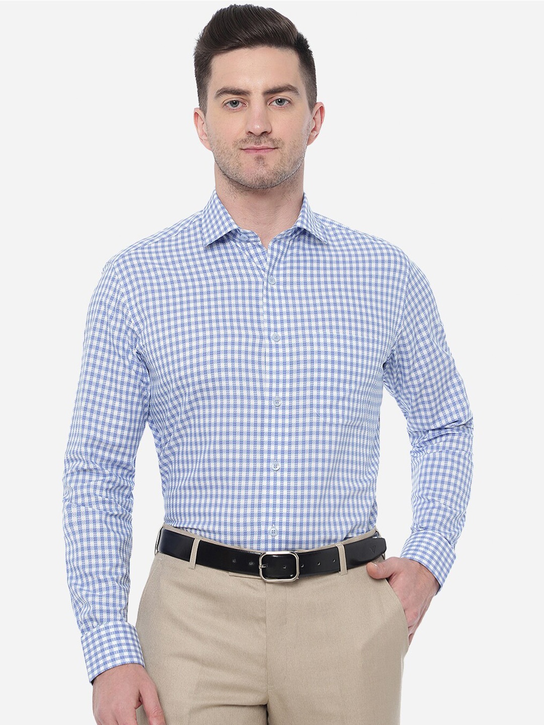 

METAL Men Cotton Slim Fit Checked Formal Shirt, Blue