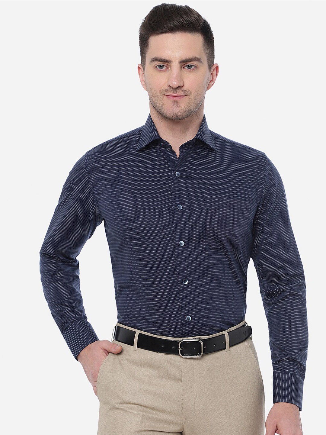 

METAL Men Cotton Slim Fit Micro Ditsy Printed Formal Shirt, Navy blue