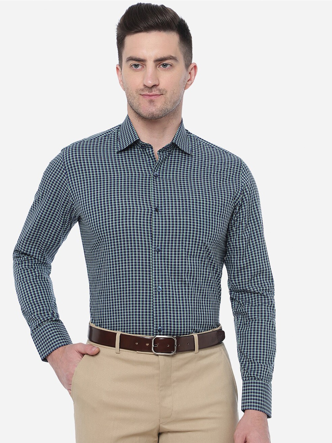 

METAL Men Slim Fit Checked Cotton Formal Shirt, Blue