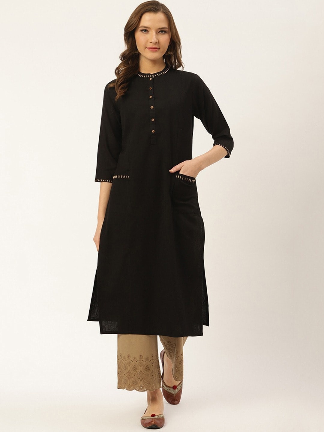 

fabGLOBAL Band Collar Straight Regular Fit Cotton Kurta, Black