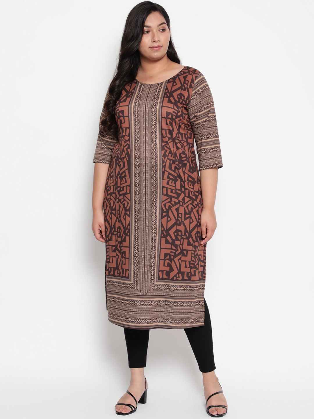 

Amydus Women Round Neck Printed Kurta, Brown