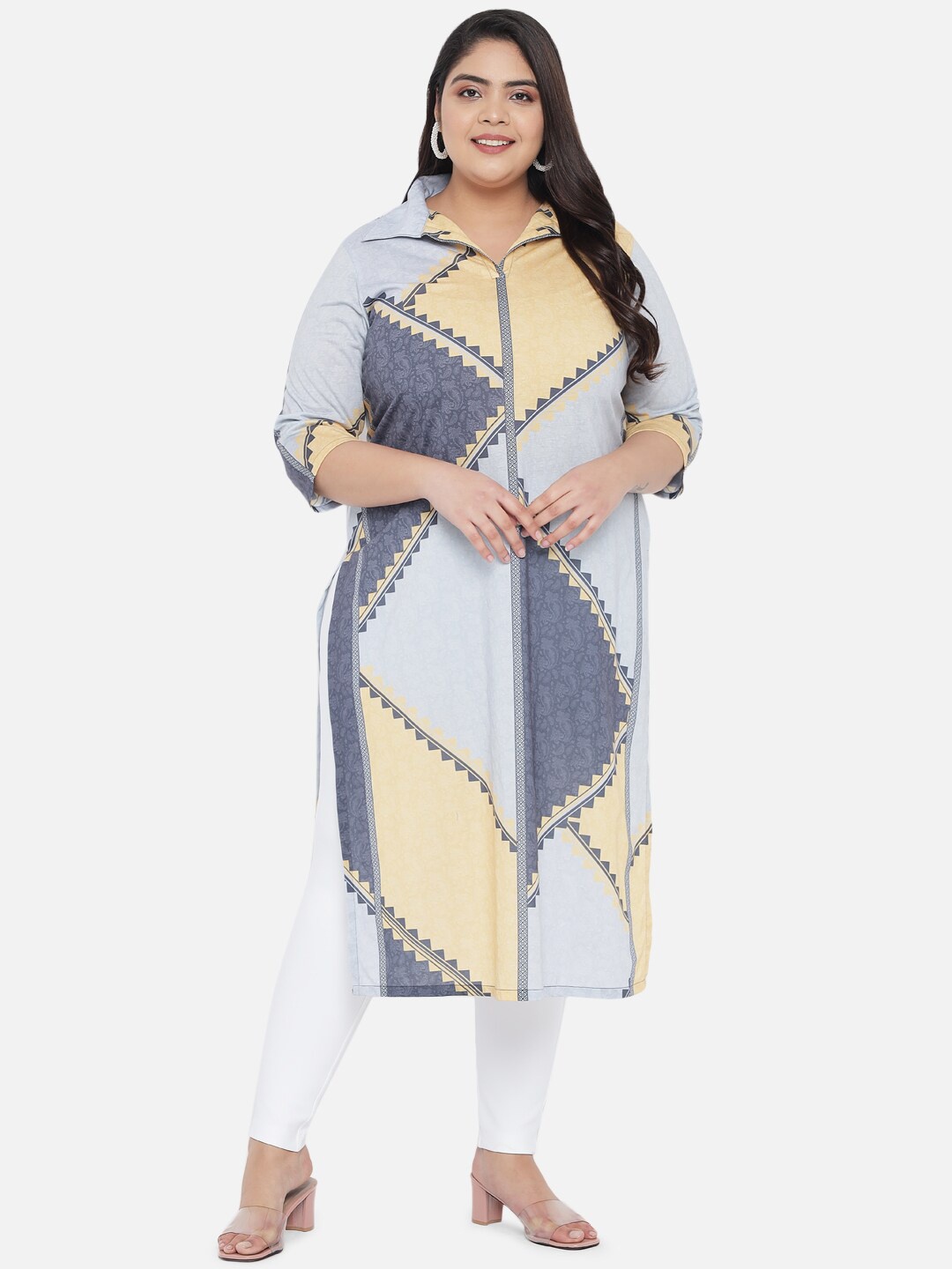 

Amydus Plus Size Geometric Printed Kurta, Yellow
