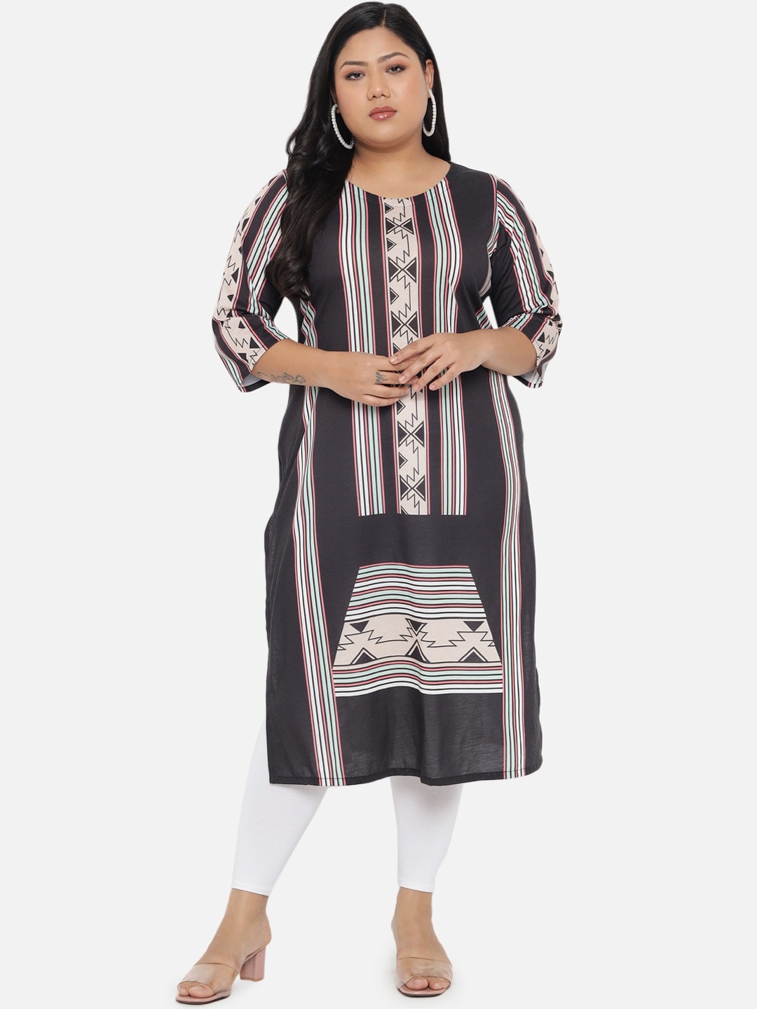 

Amydus Plus Size Cotton Printed Kurta, Black