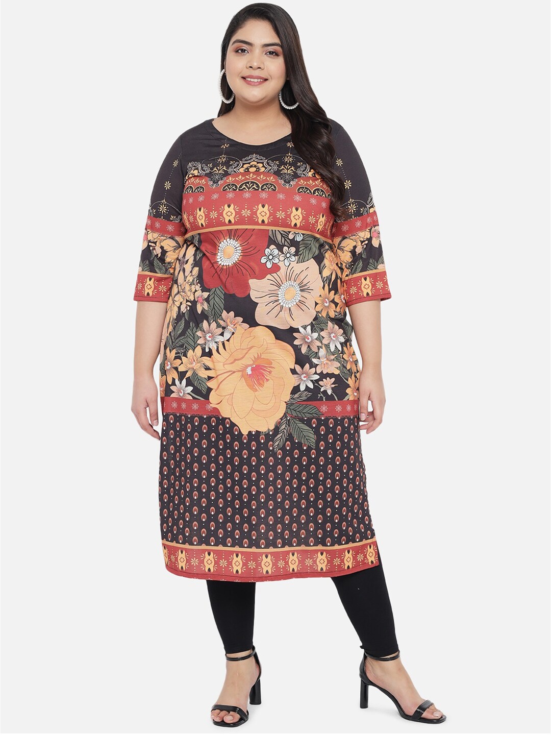 Amydus Plus Size Floral Printed Kurta, Brown