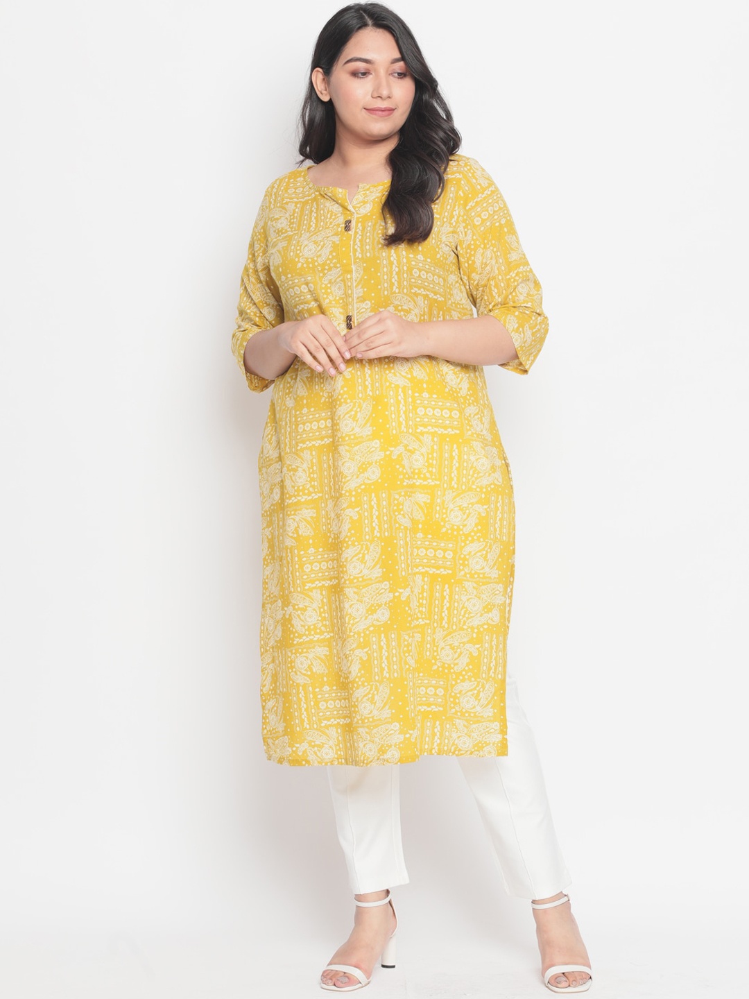 

Amydus Women Plus Size Ethnic Motifs Printed Kurta, Yellow