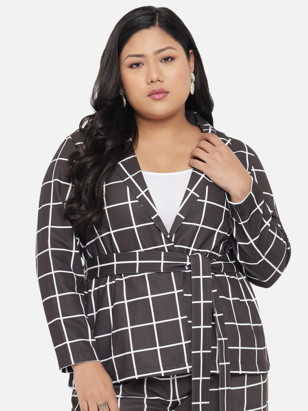 

Amydus Plus Size Geometric Checked Lightweight Tailored Jacket, Grey