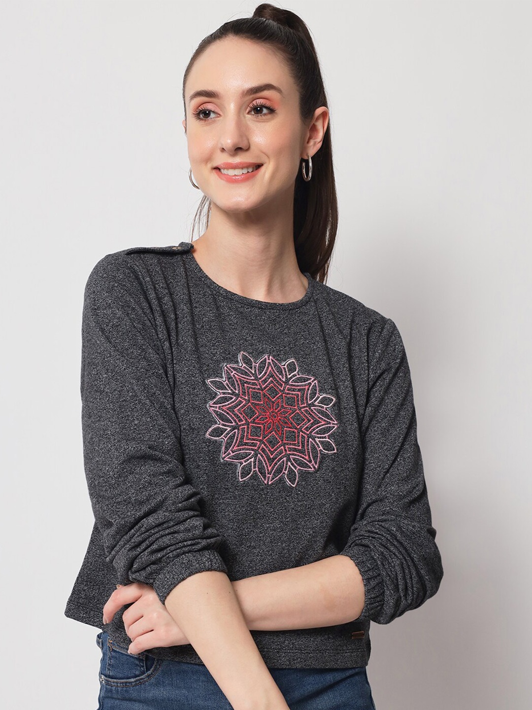 

Yaadleen Printed Cotton Round Neck Top, Charcoal