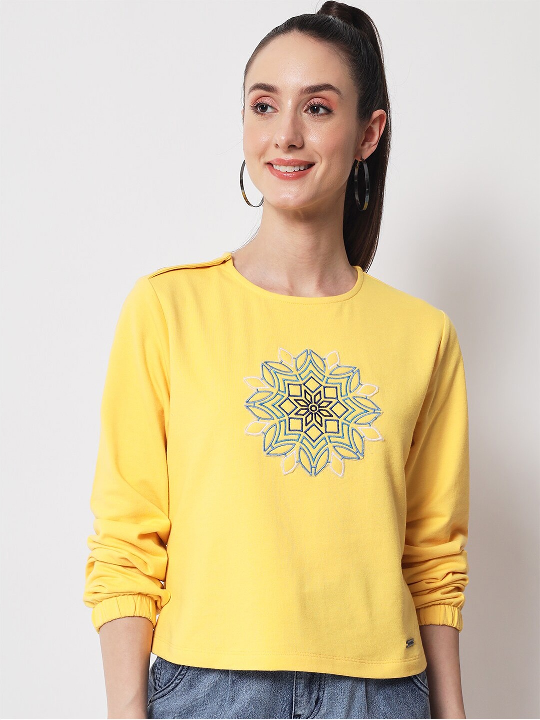 

Yaadleen Printed Cotton Round Neck Top, Yellow