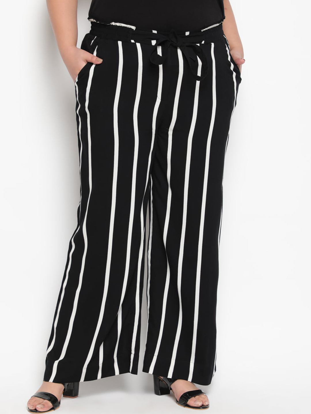 

Amydus Women Striped Loose Fit High-Rise Trousers, Black