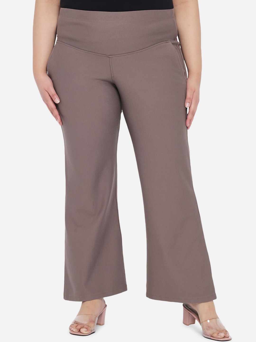 

Amydus Women Plus Size Flared High-Rise Trousers, Brown