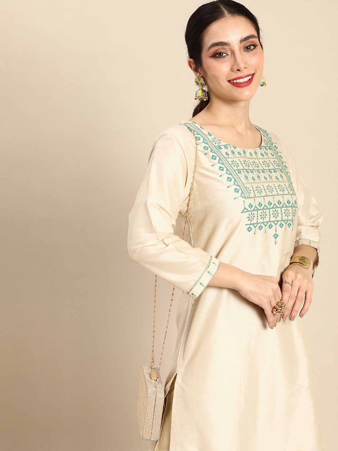 

Sangria Women Ethnic Motifs Embroidered Thread Work Pastels Kurta, Beige