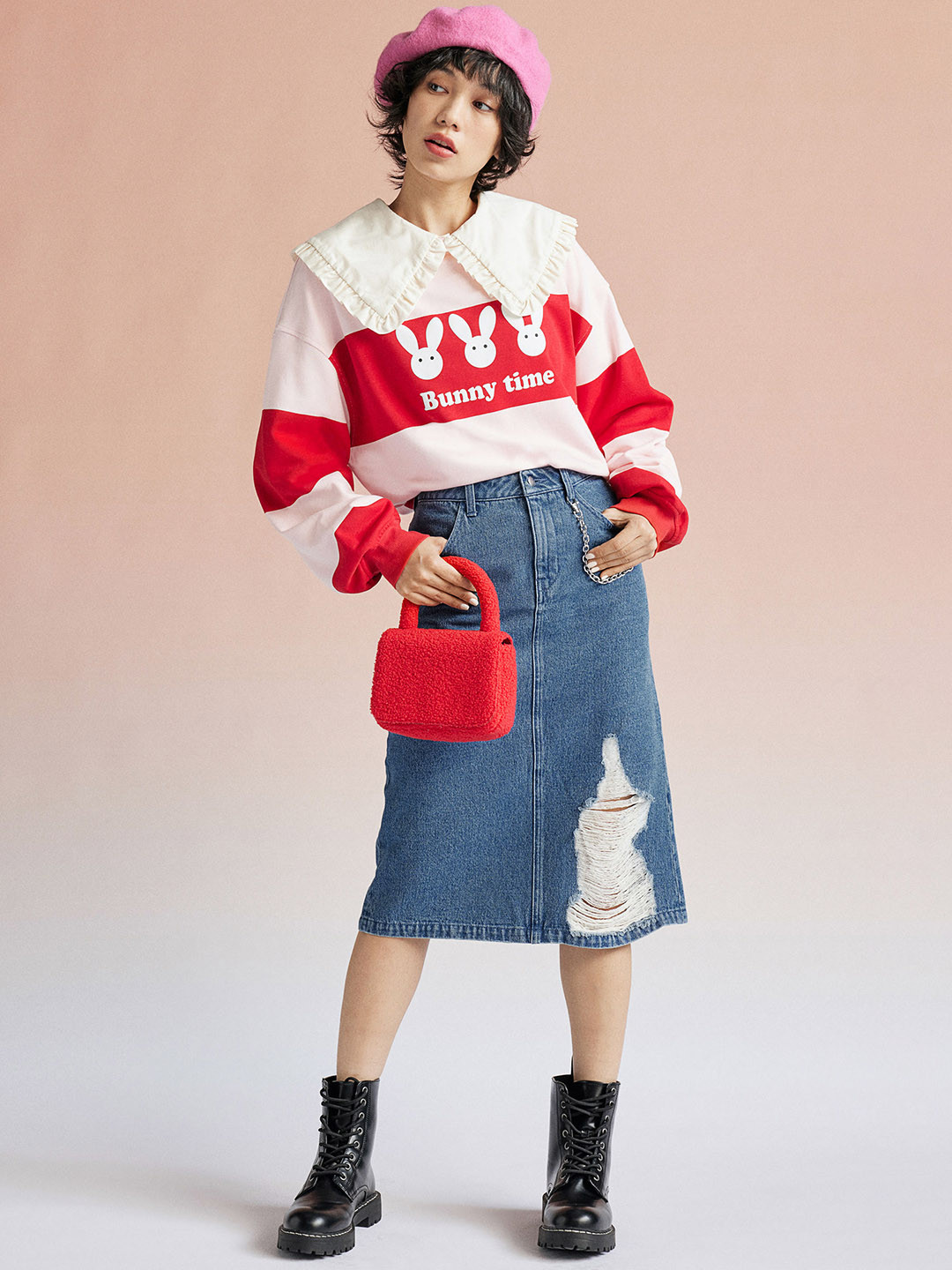 

H&M Chain-Detail Knee-Length Denim Skirt, Blue