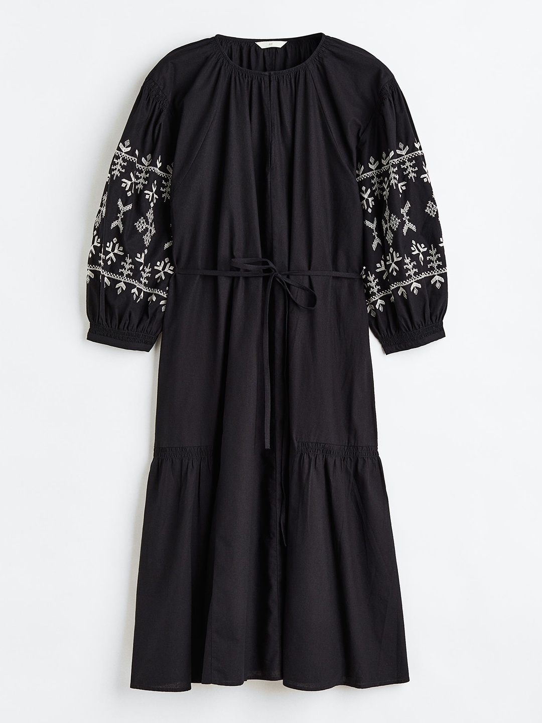 

H&M Plus Size Embroidered Tie-Belt Dress, Black