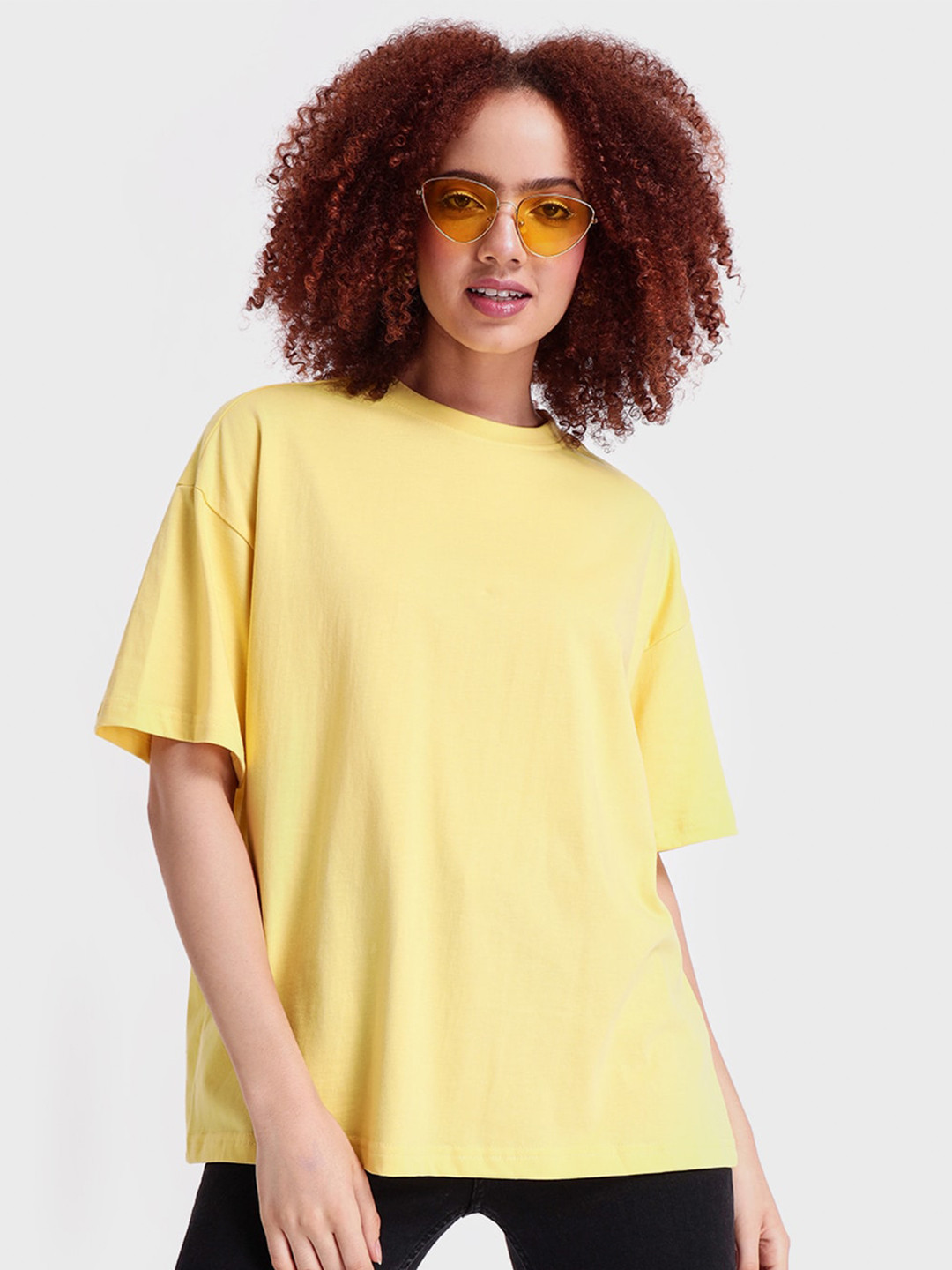 

Bewakoof Women Solid Round Neck Cotton Oversized T-shirt, Yellow
