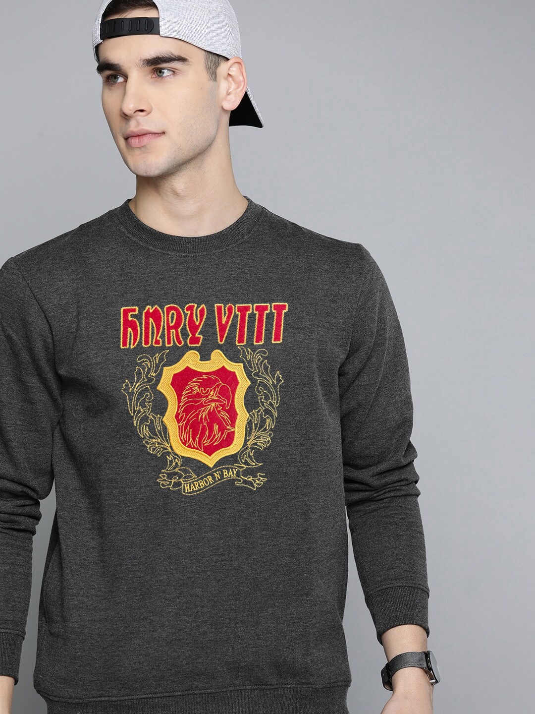 

HARBOR N BAY Men Printed Cotton Sweatshirt, Charcoal