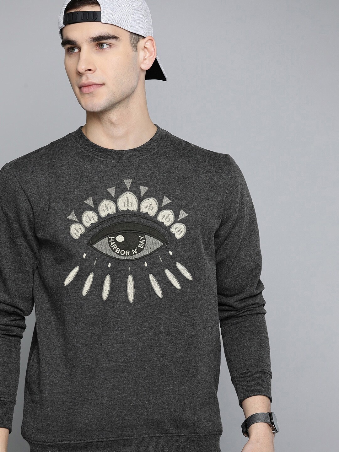 

HARBOR N BAY Men Quirky Printed Sweatshirt, Charcoal