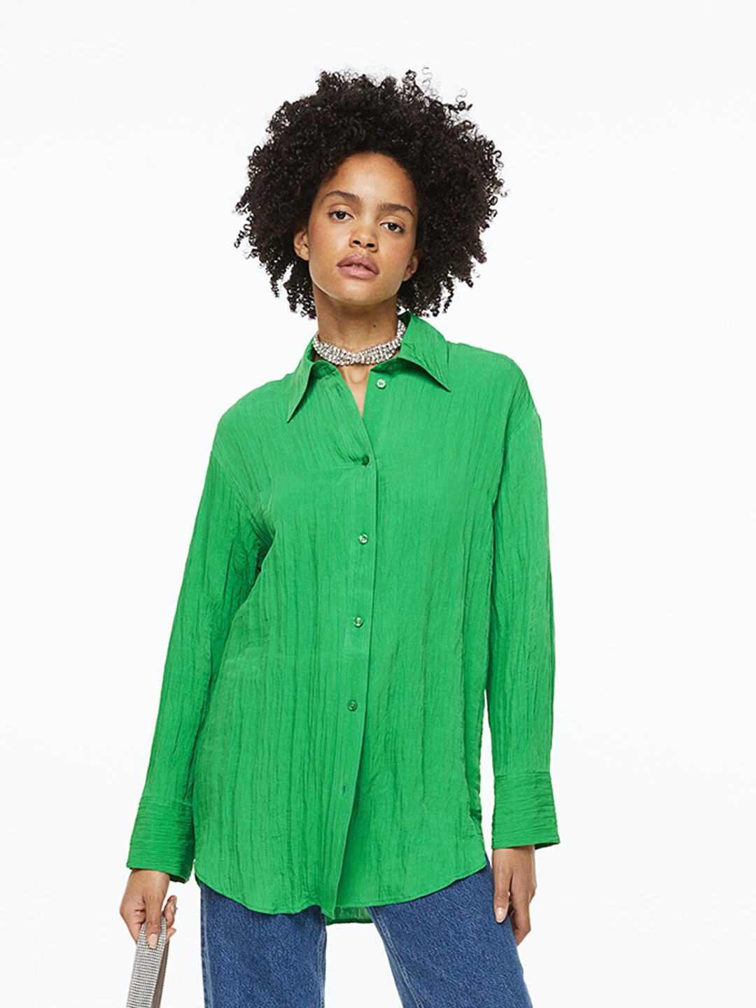 

H&M Women Relaxed Fit Crinkled Chiffon Shirt, Green