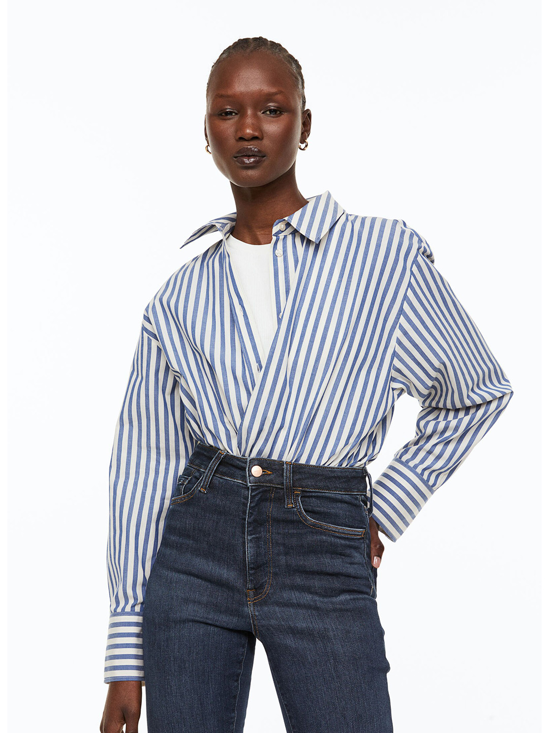 

H&M Women Relaxed Fit Striped Cotton Shirt, Blue