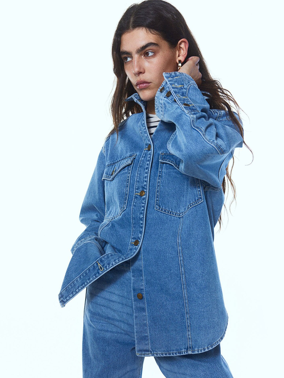

H&M Women Relaxed Fit Denim Shacket, Blue