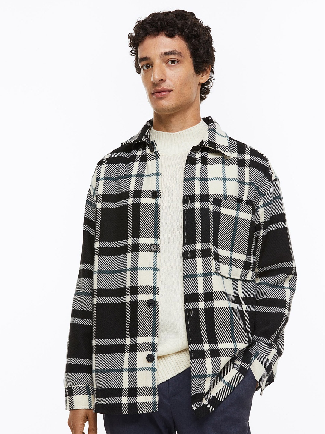 

H&M Men Checked Relaxed Fit Overshirt, Black