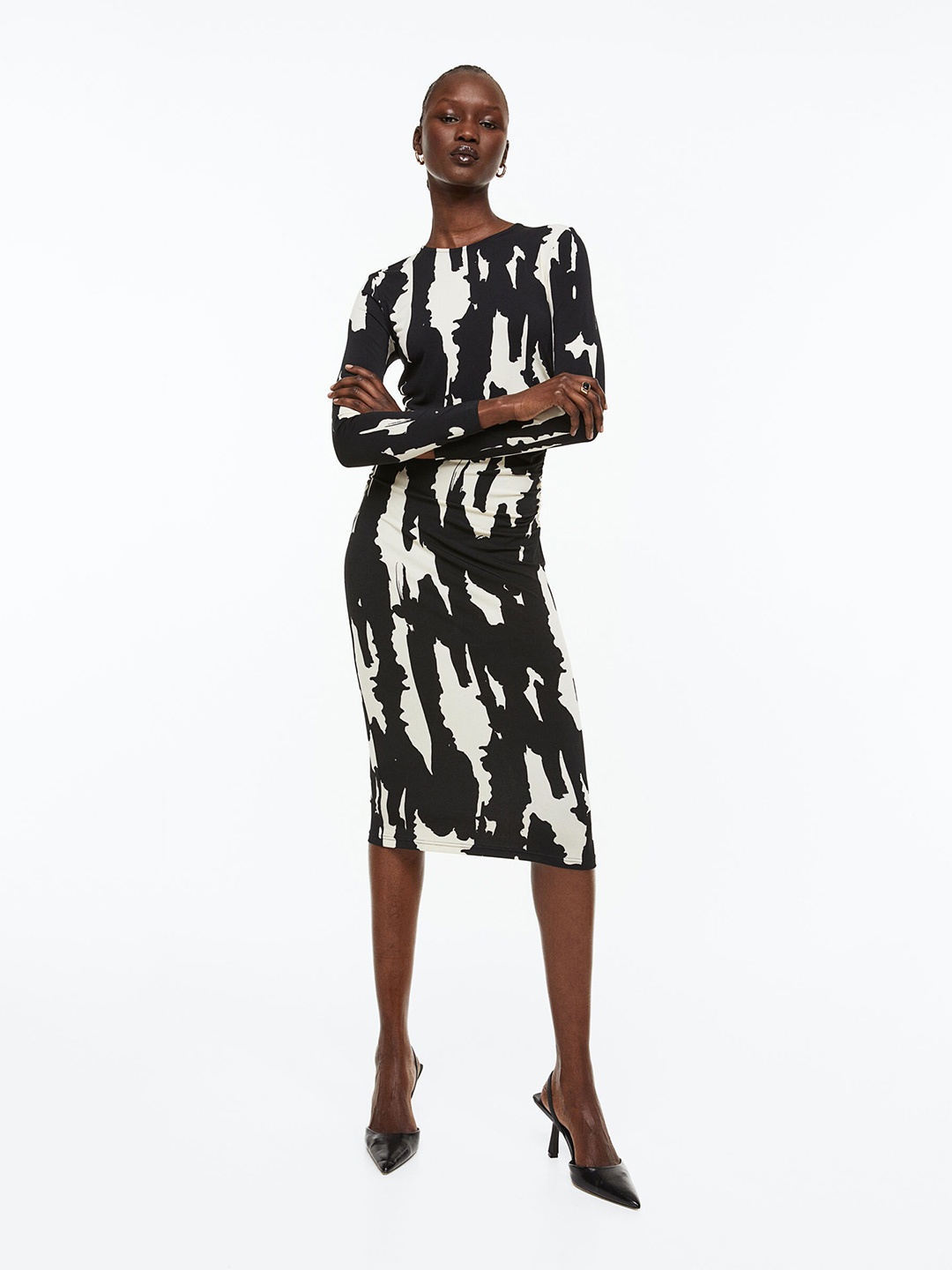 

H&M Printed Gathered Bodycon Dress, Black